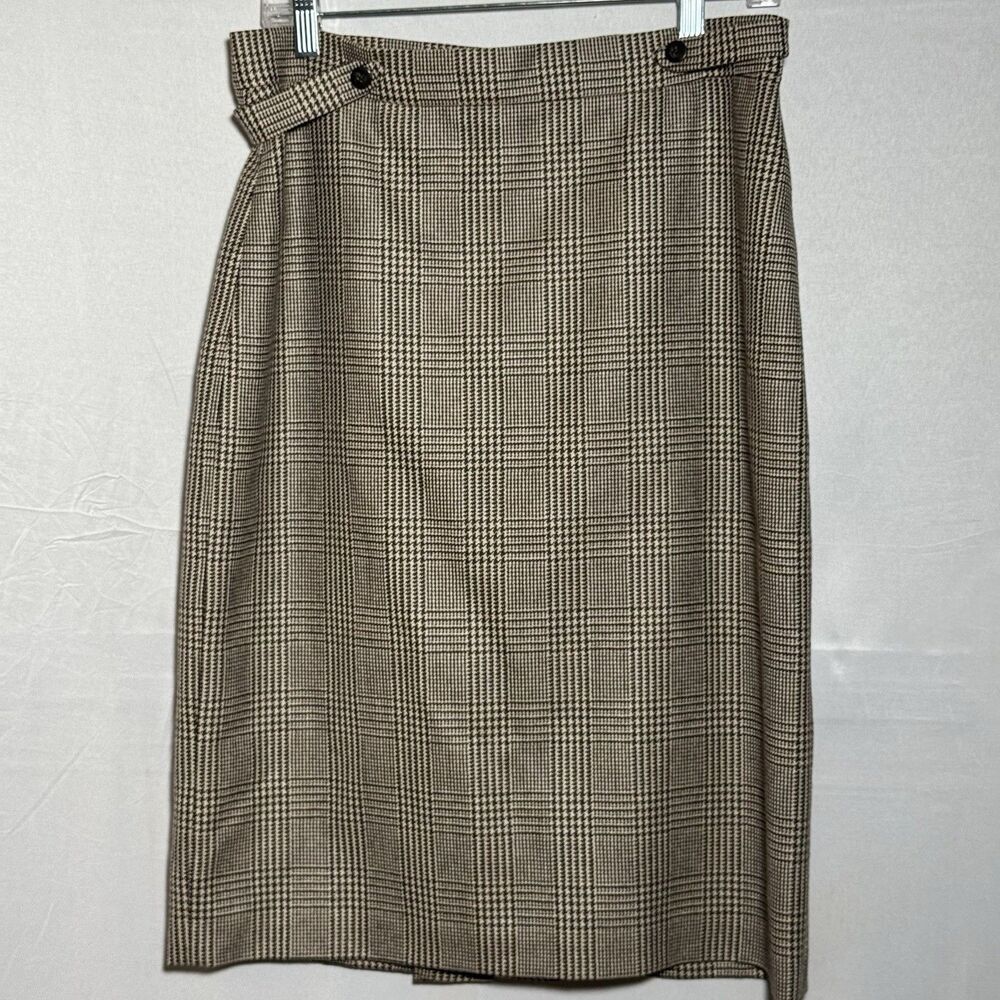 Linda Allard Ellen Tracy Womens 12 100% Wool Glen Plaid Pencil Skirt Brown